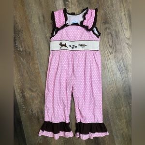 Pink Ruffle Overalls with Dog and Deer Smocking and Brown Trim